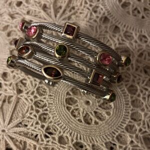 Gorgeous silver plate cable cuff bracelet with multi colored stones.